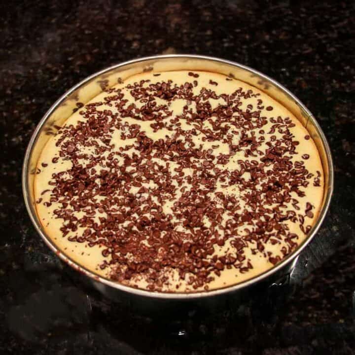 The cheesecake with browned edges.