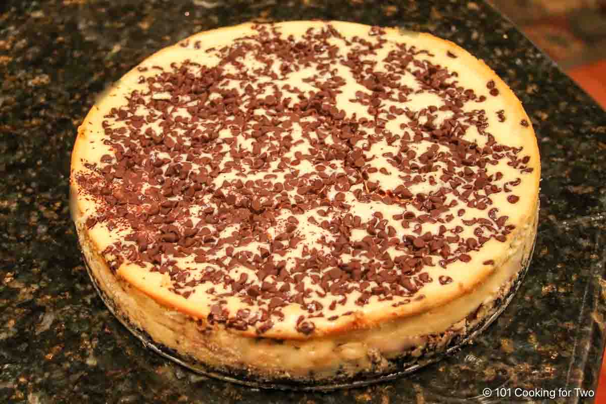 cooked whole chocolate chip cheesecake.