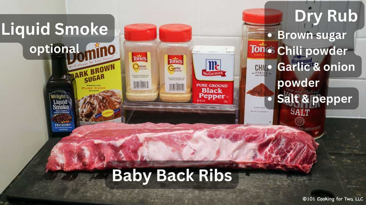 Baby back ribs with dry rub ingredients labeled.