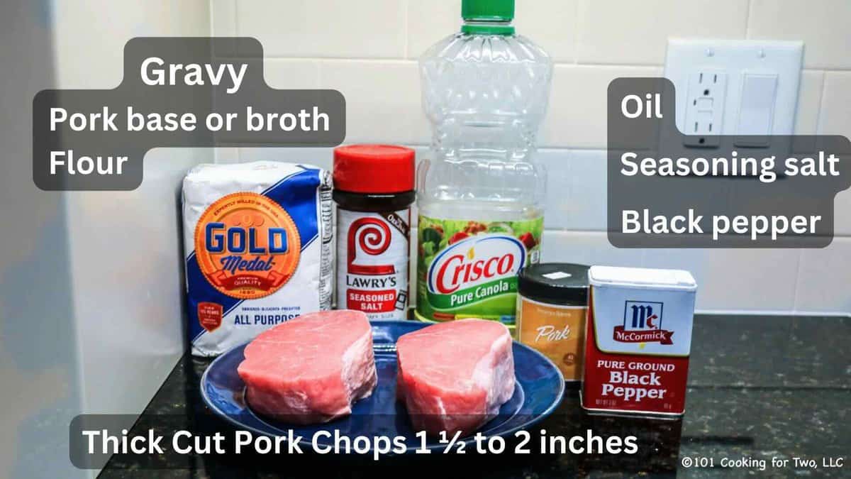 Thick pork chops with seasoning and gravy ingredients labeled.