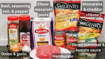 Hamburger with pasta and ingredients for goulash—labeled.