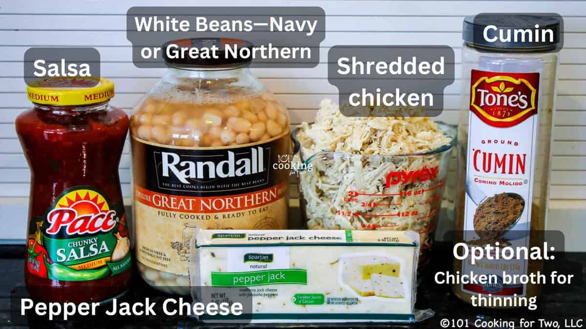 Ingredients for white chicken chili labeled.