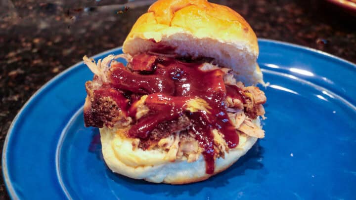 Pulled pork sandwich with sauce.