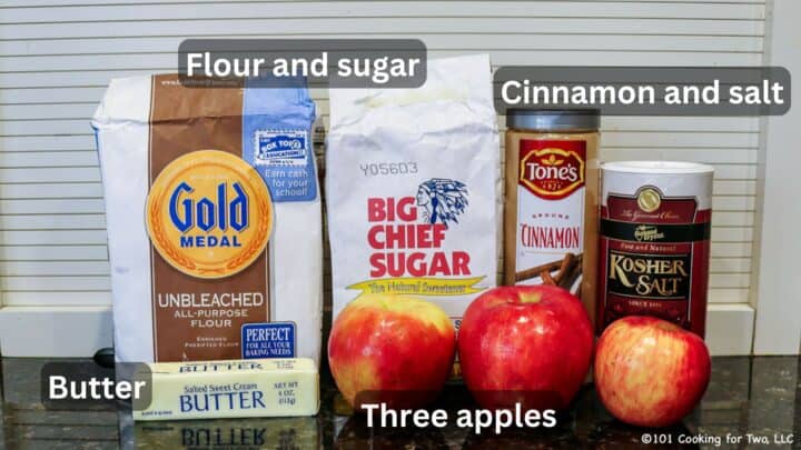 3 apples with flour and ingredients for apple crisp—labeled.