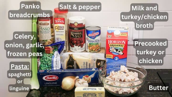 Cubed turkey with pasta and casserole ingredients—labeled.