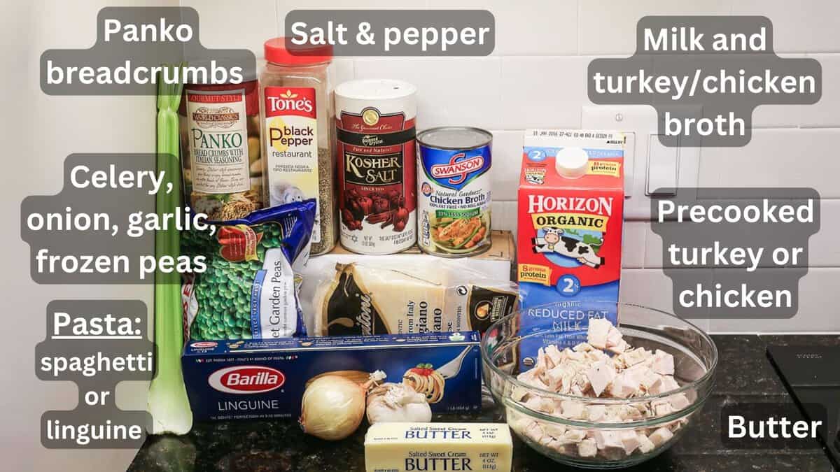 Cubed turkey with pasta and casserole ingredients—labeled.