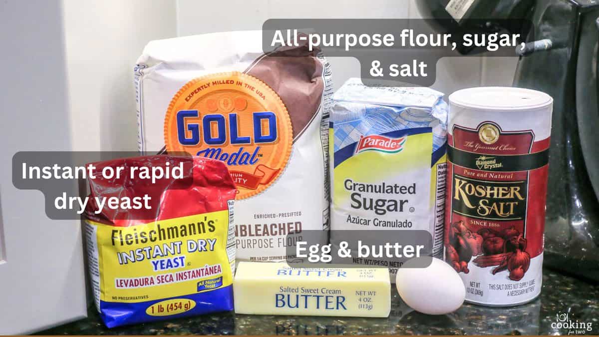 Flour with yeast and roll ingredients—labeled.