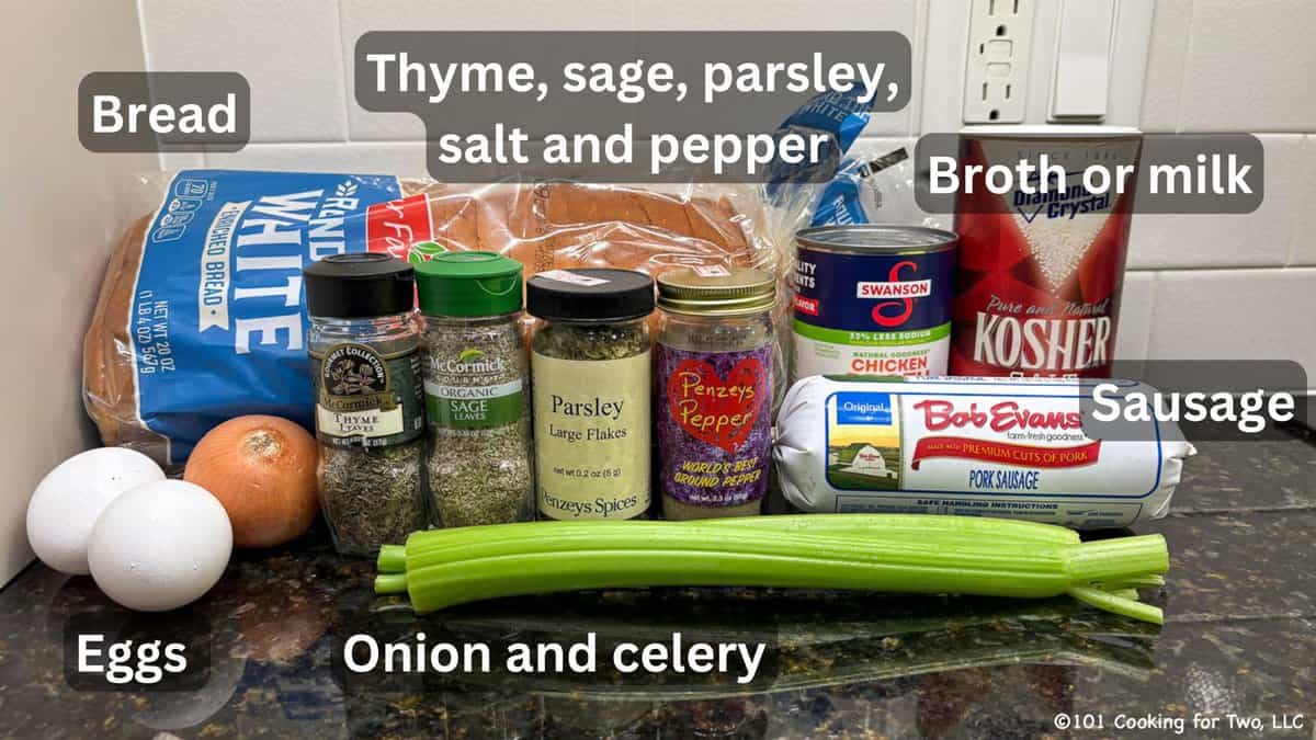 Sausage with bread with dressing ingredients—labeled.