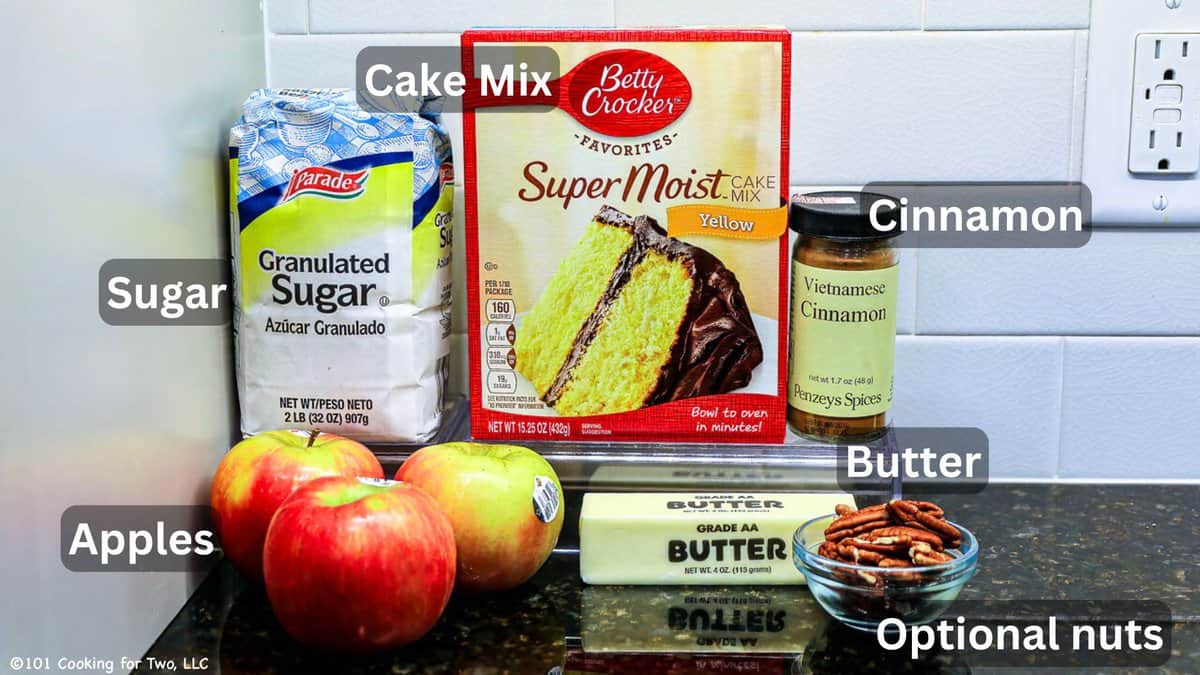 Apples with cake mix and cobbler ingredients-labeled.