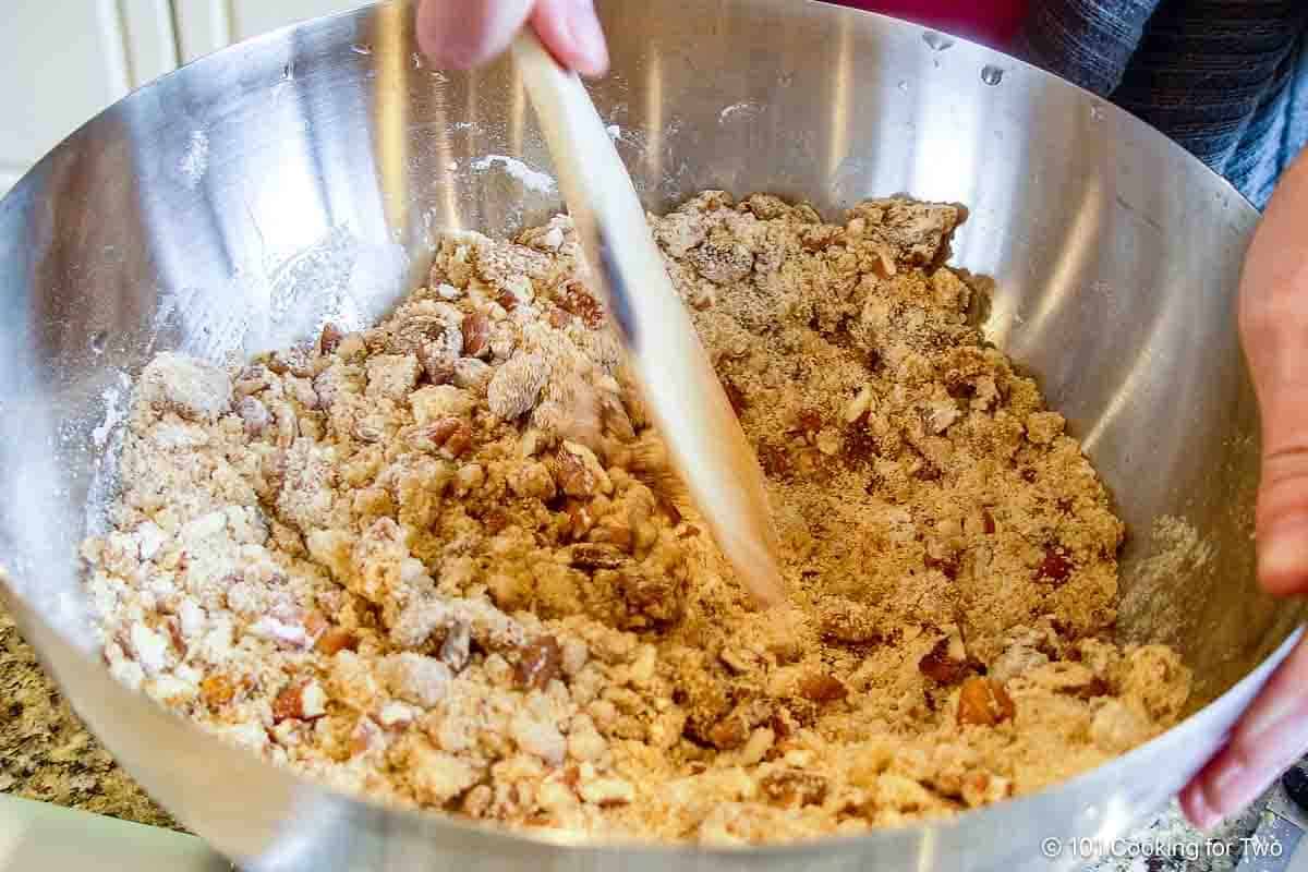 Mixing pecan topping.