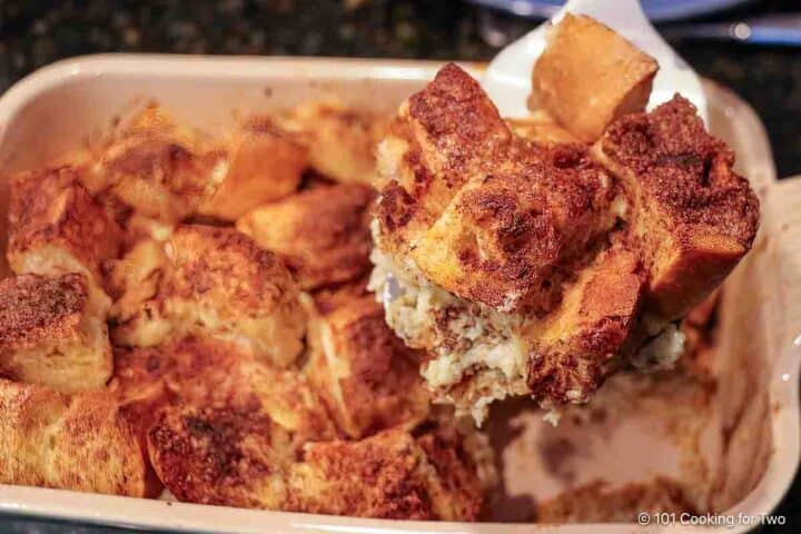 French toast casserole on a spatula.