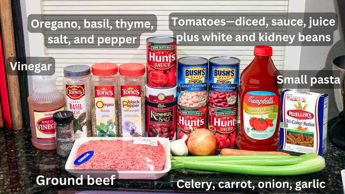 Ground beef with vegetables and pasta—labeled.