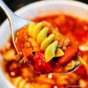 Pasta e Fagioli Soup on a spoon.