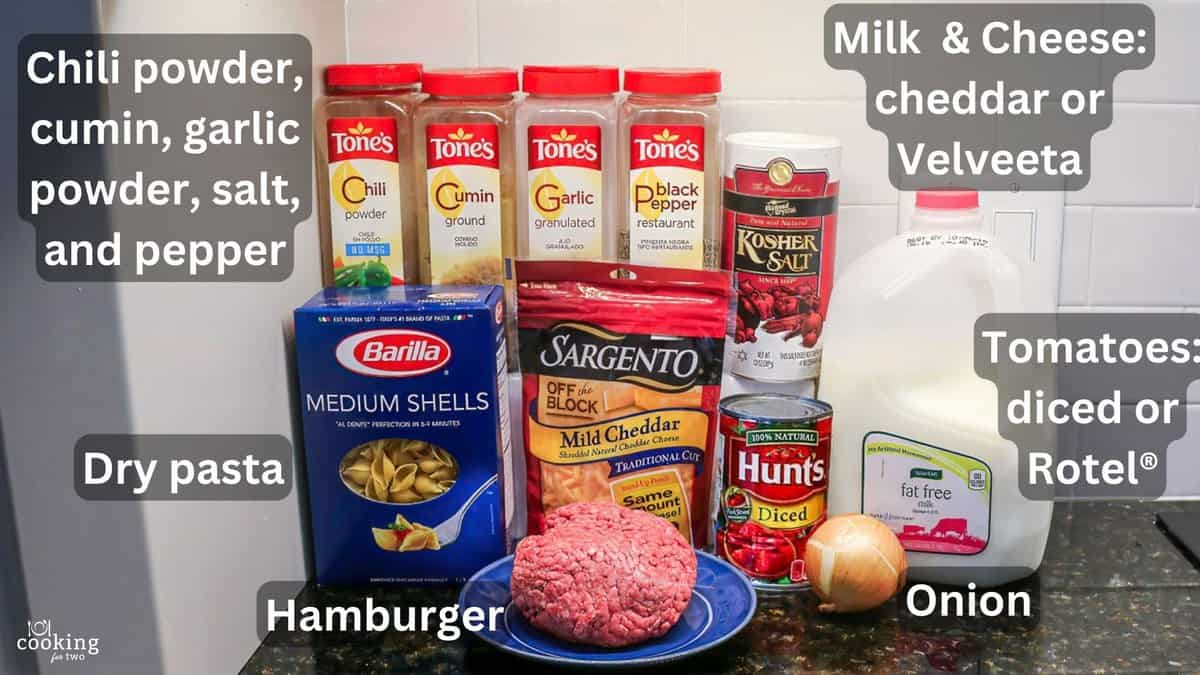 Raw burger with pasta and chili mac ingredients—labeled.