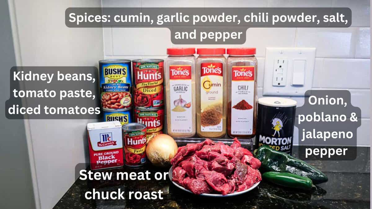 Stew meat with chili ingredients—labeled.