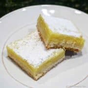 Two lemon squares on a gray plate.