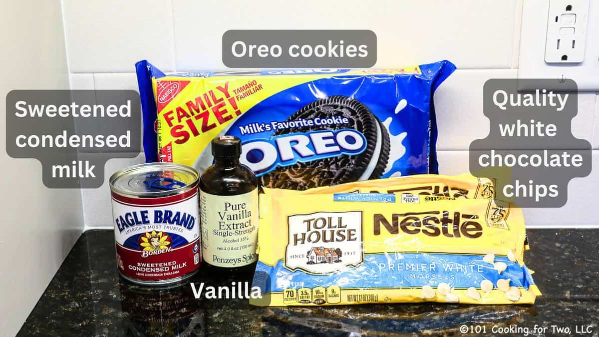 White chocolate chips with Oreos and other ingredients—labeled.