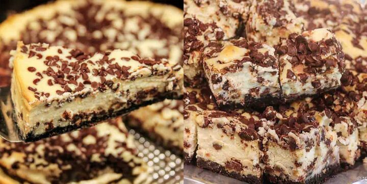 A slice of chocolate chip cheesecake and a plate full of chocolate chip cheesecake bars.