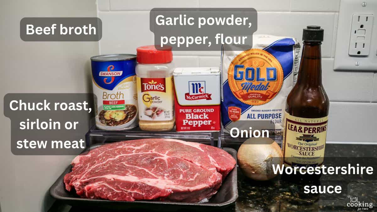 Chuck roast with broth and other ingredients for gravy—labeled.