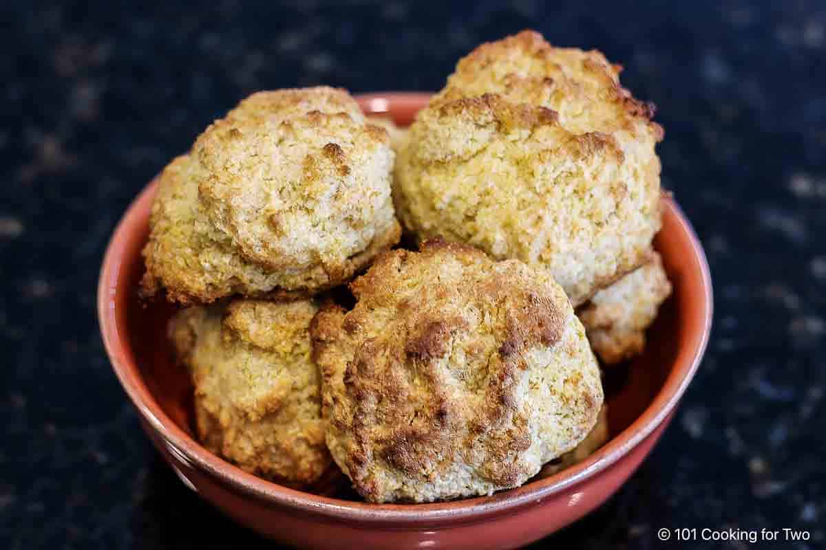 Cornbread biscuit in a bowl.