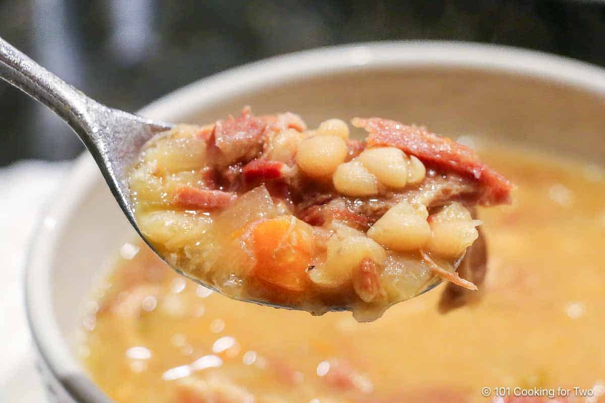 Ham and Bean Soup on a spoon.