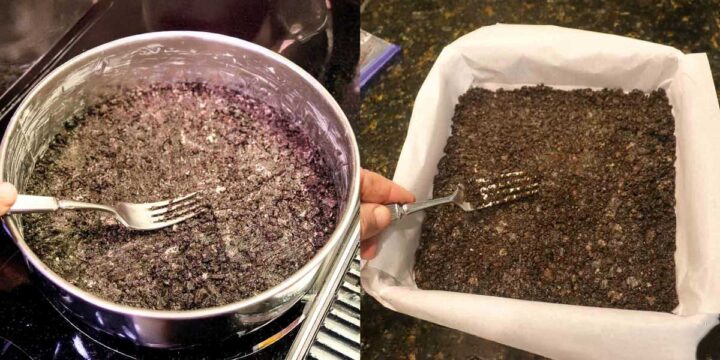 Smashing Oreo crust into the bottom of the prepared pans.