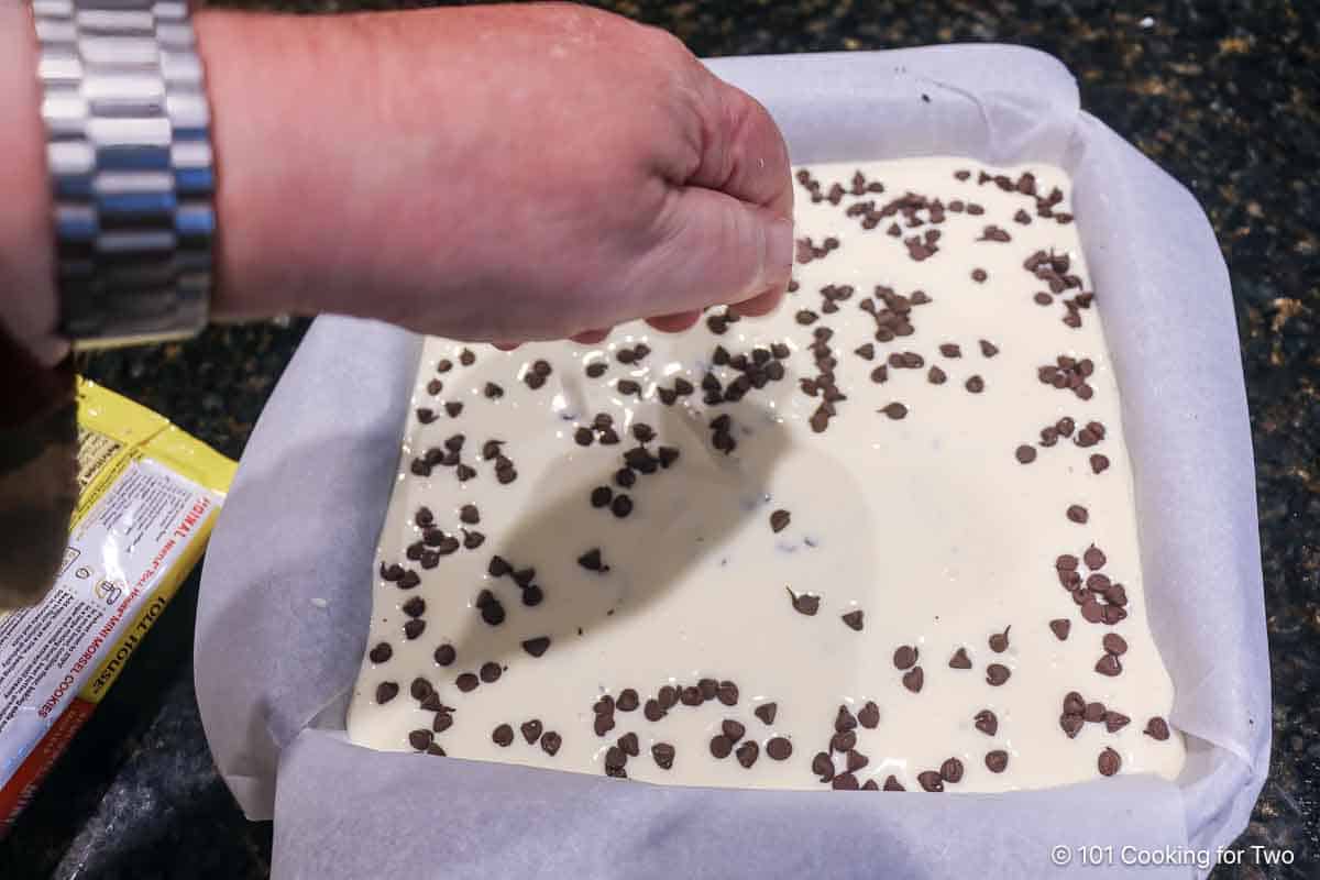 Sprinkle the top of the cheesecake with mini chocolate chips.