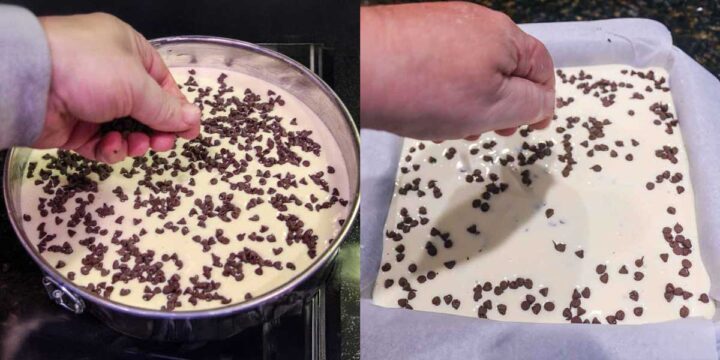 Topping the raw cheesecake with more mini chocolate chips.