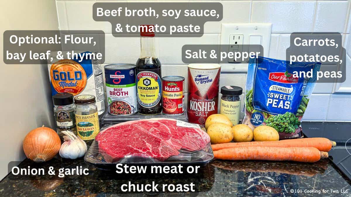 Chuck roast with stew ingredients—labeled.