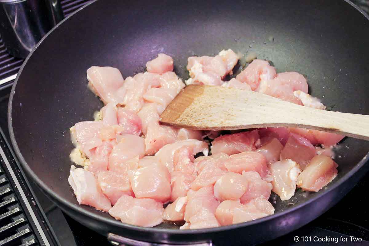 Cooking chicken in a skillet.