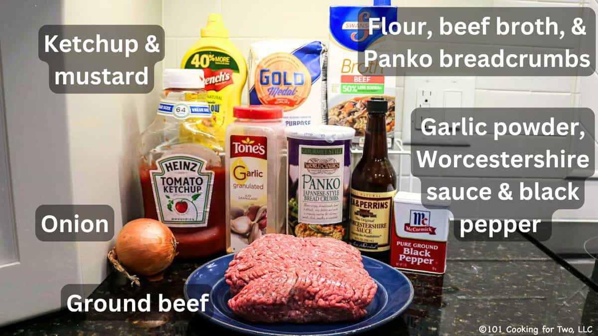 Ground beef with ingredients for Salisbury steak and gravy—labeled.