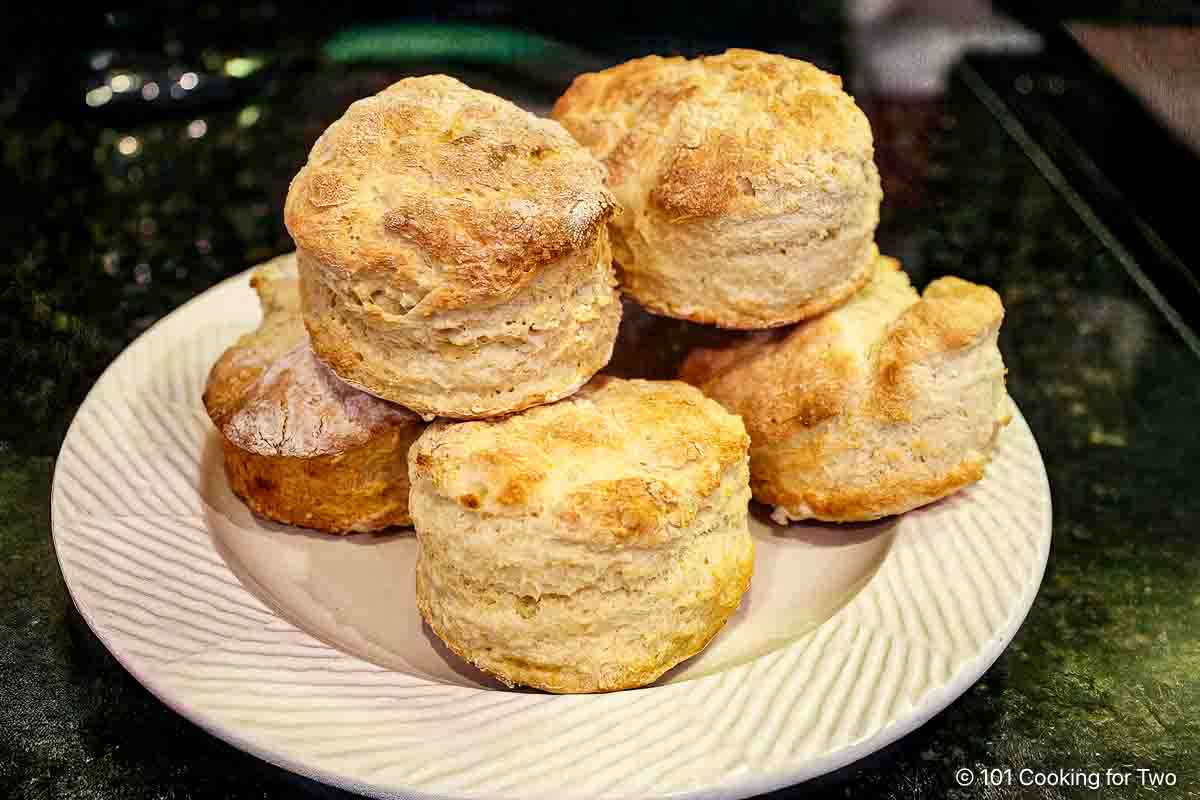 Cut biscuits on a plate.