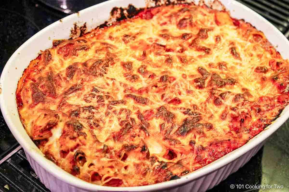 Golden brown spaghetti casserole.