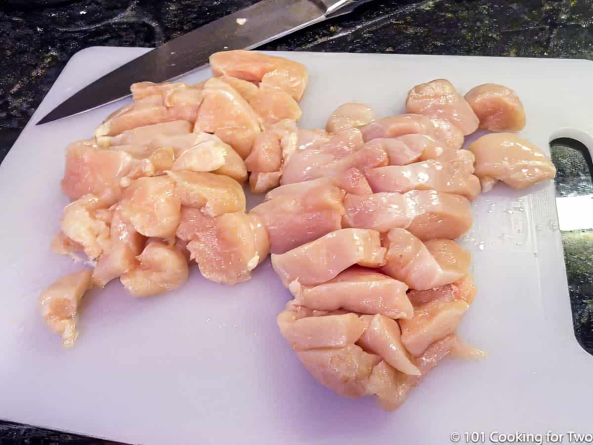 Chicken breasts cut into 1 inch cubes.