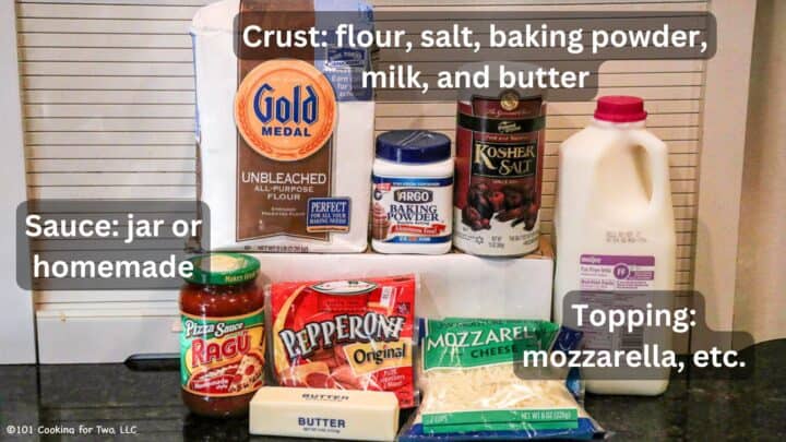 Flour and biscuit crust ingredients with toppings—Labeled.