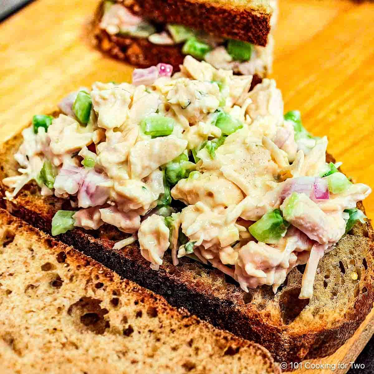 Chicken salad on toasted bread.