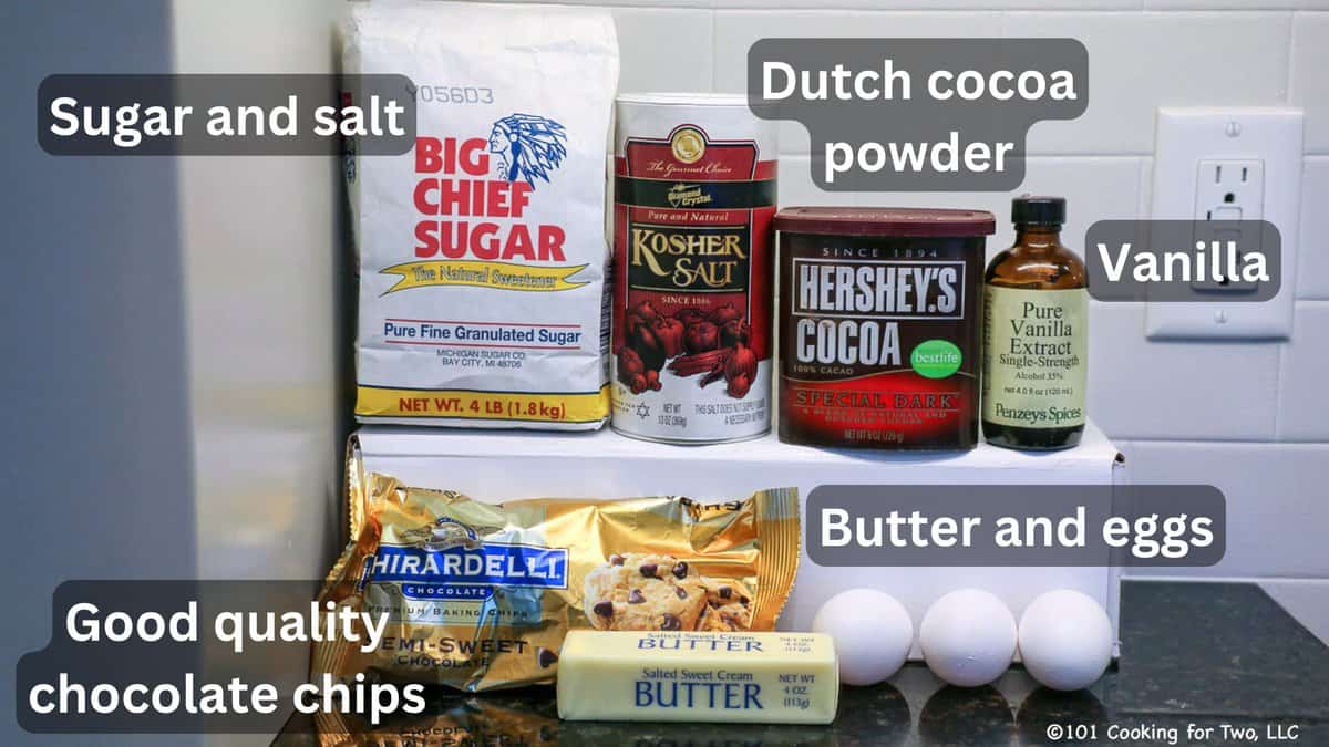 Chocoate chips with eggs and cake ingredients—labeled.