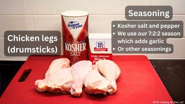 Raw chicken legs with seasoning—labeled.