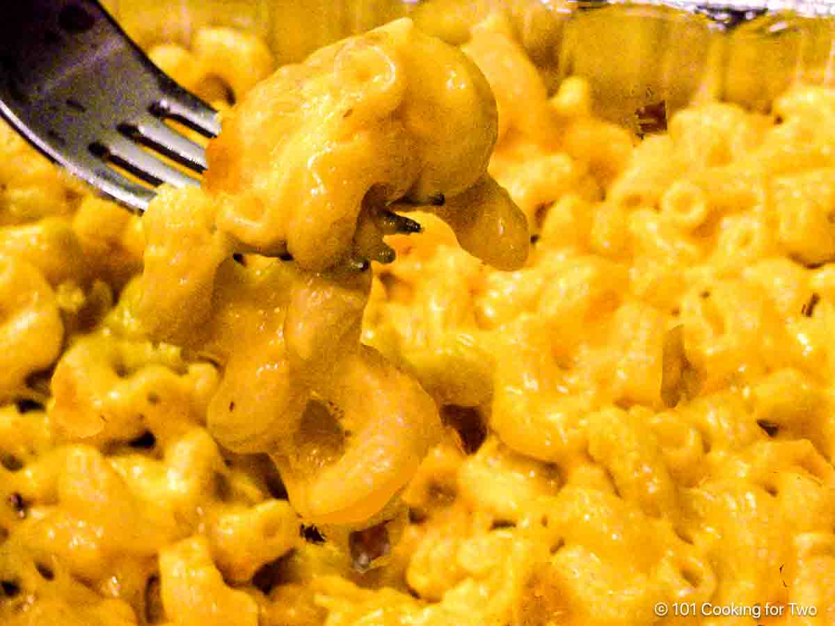 Browned fried mac and cheese on a fork.